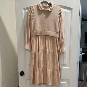 Long Sleeve Tiered Midi Dress with Knit Overlay